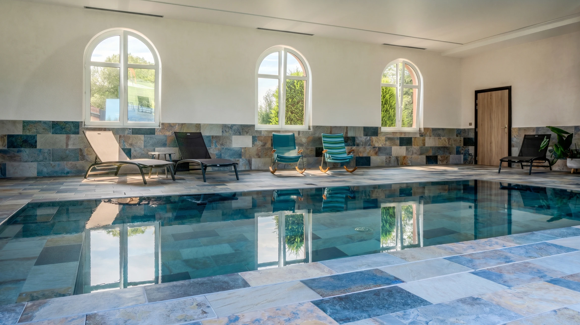 Salon de réception luxueux avec deux fauteuils club en cuir bicolore (vert foncé/crème), encadrant une table basse ronde en métal vert